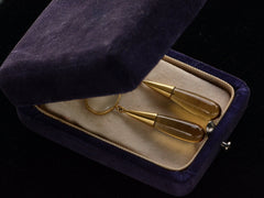 thumbnail of Pair of 18K yellow gold earrings with oval moonstone tops and amber-colored quartz teardrop pendants, shown in vintage partially closed.