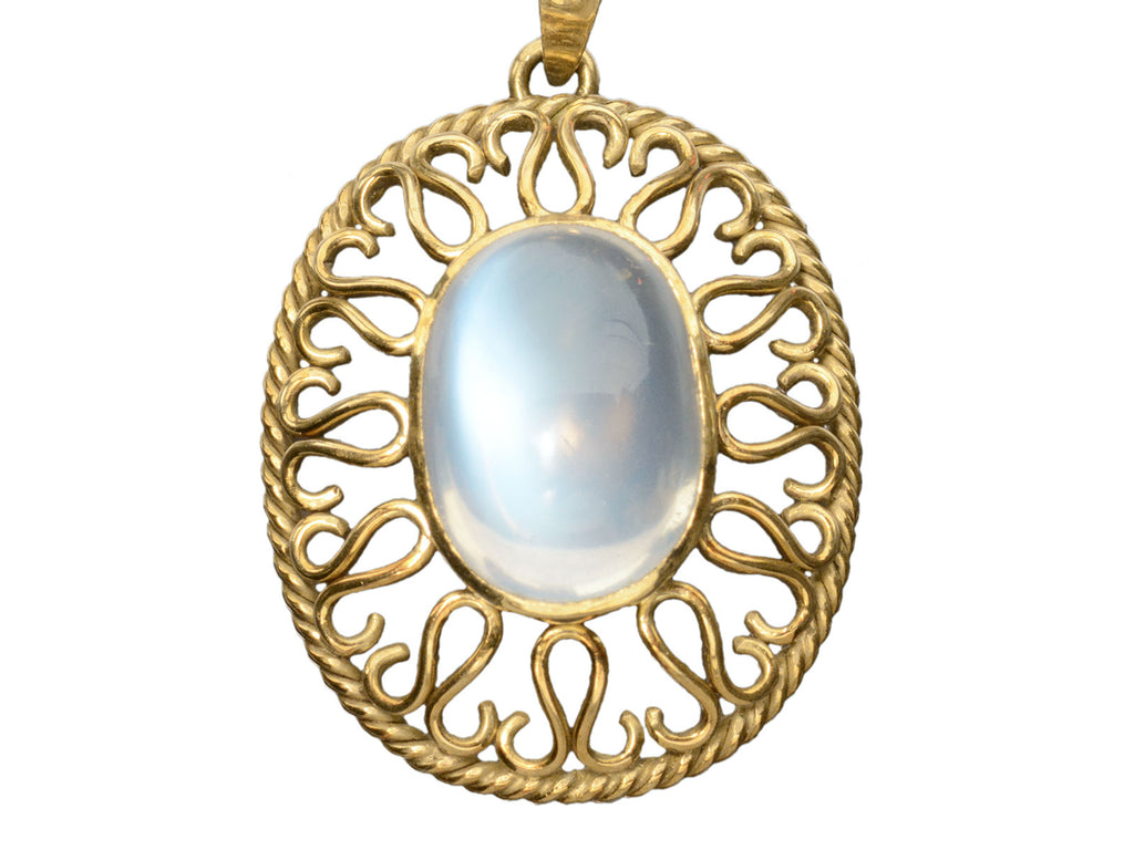 c1950 Moonstone Pendant with Yellow Gold Filigree Border (shown on white background)