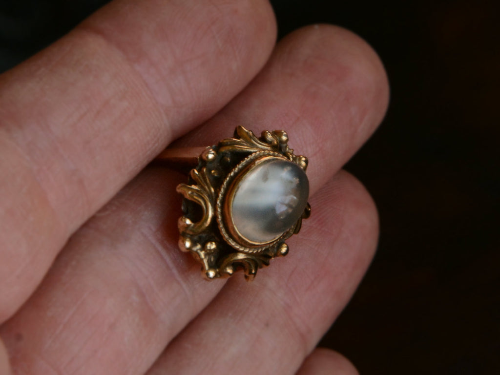 c1920 Nouveau Moonstone and Gold Ring (on hand for scale)