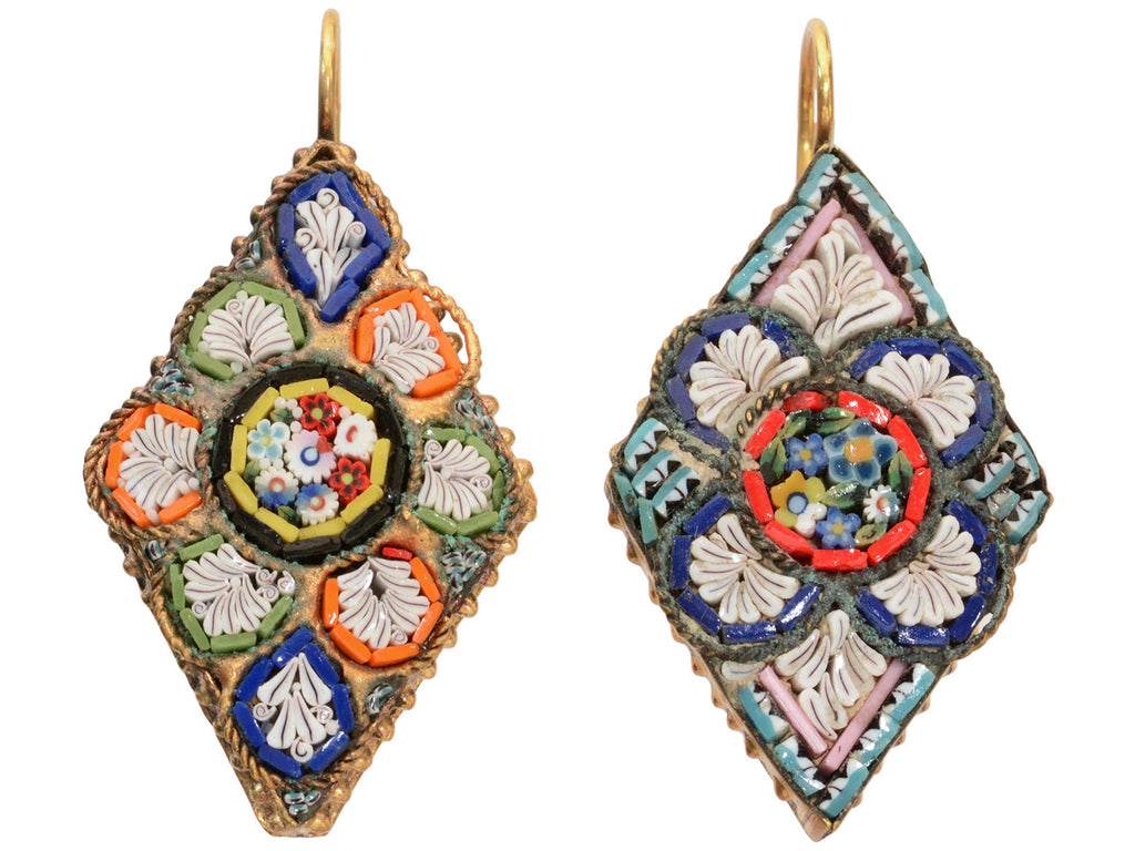 c1950 Diamond Shaped Colorful Mosaic Earrings (on white background) 