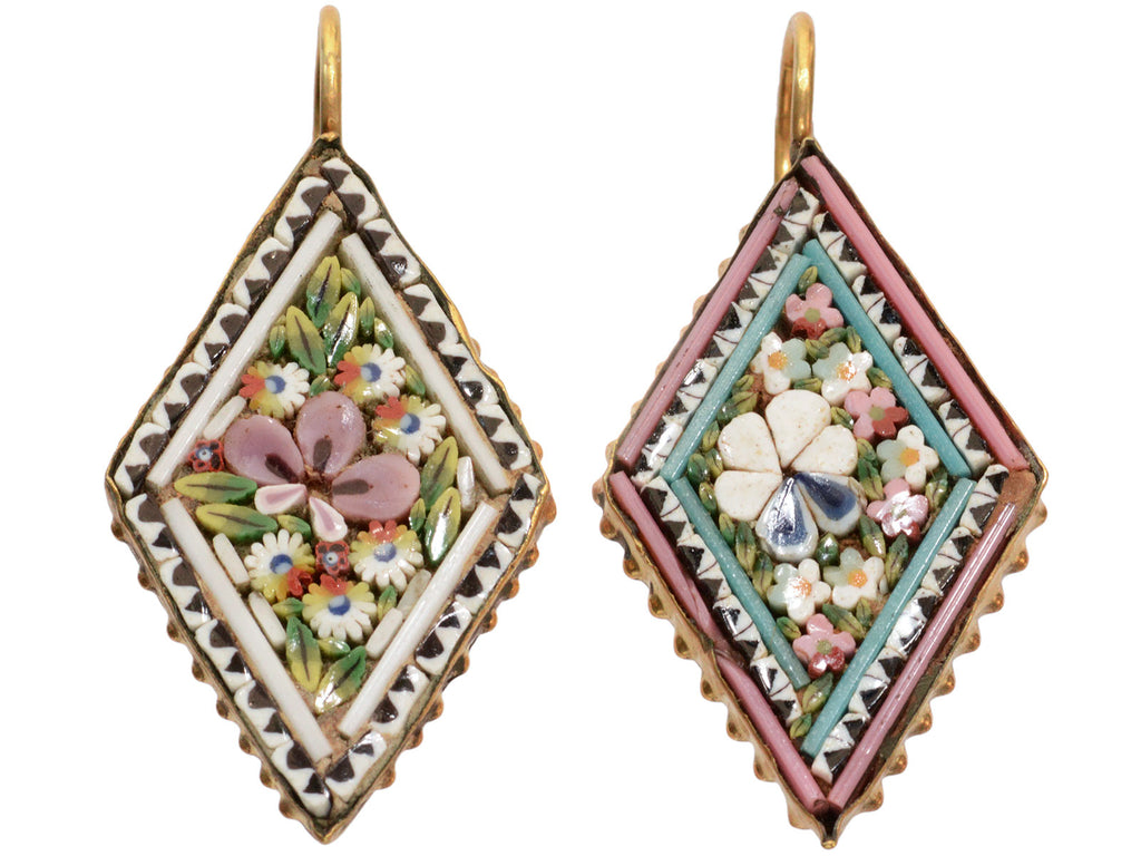 c1950 Diamond Shaped Colorful Mosaic Earrings (shown on white background)