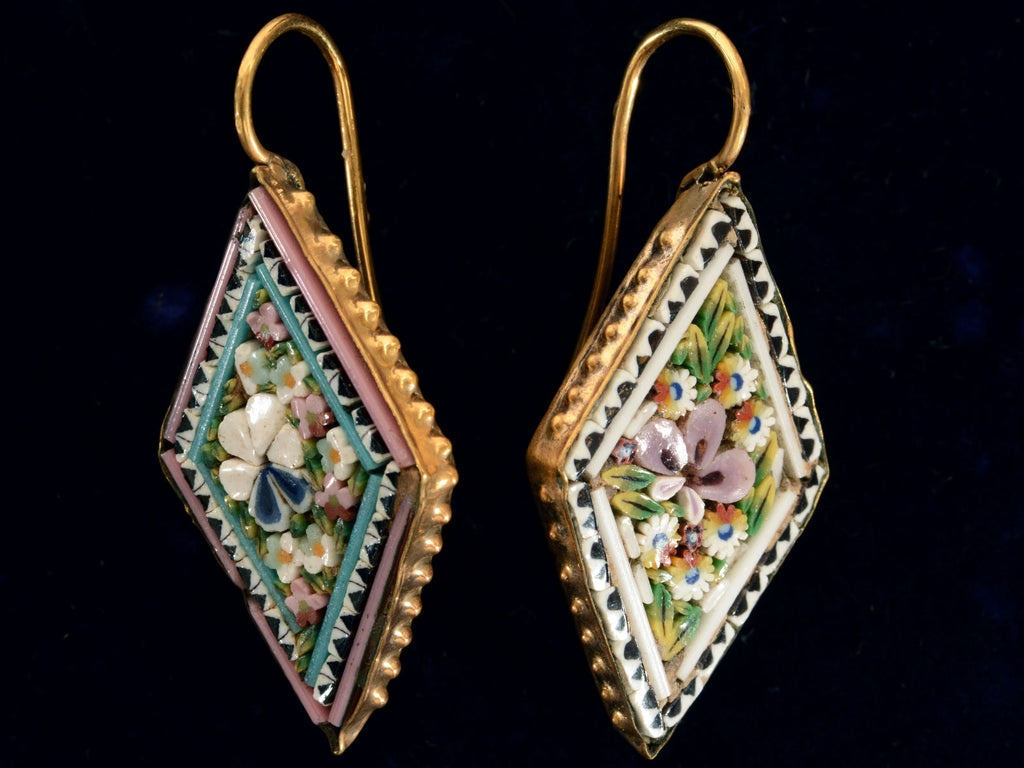 c1950 Diamond Shaped Colorful Mosaic Earrings (angled and shown on black background)