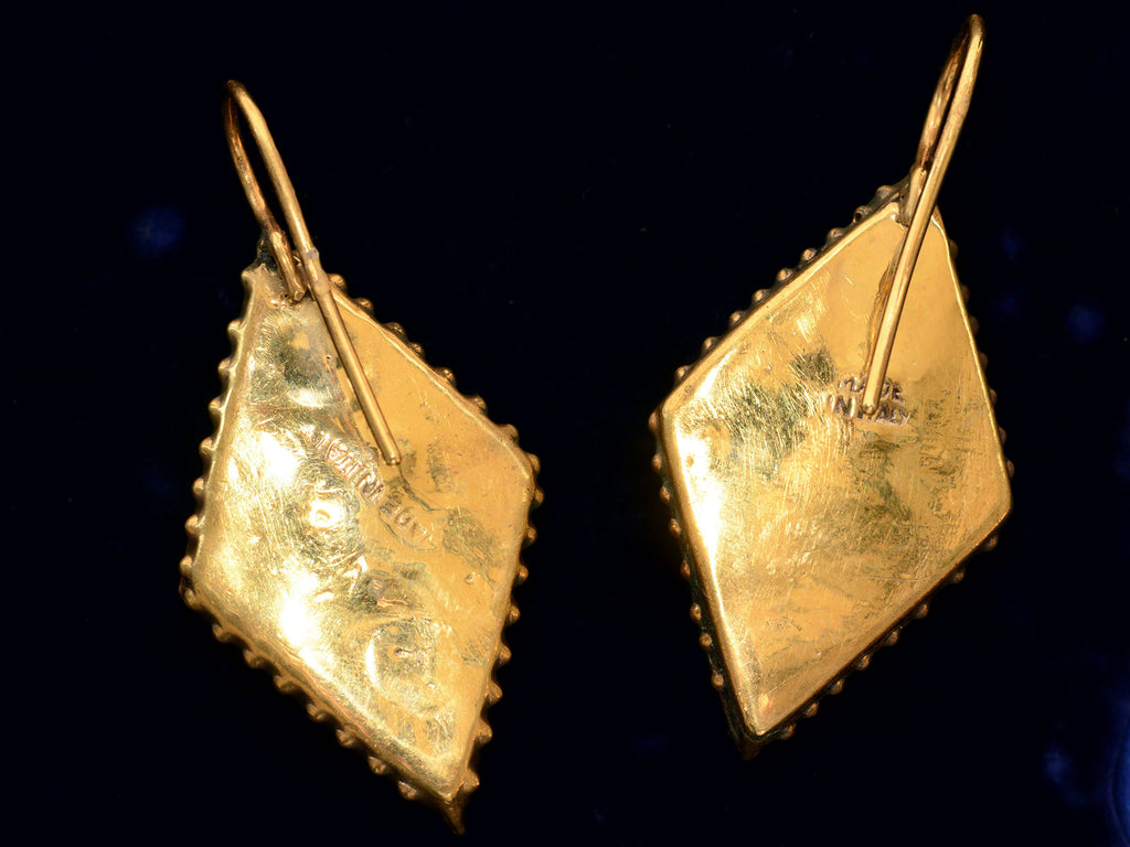 c1950 Diamond Shaped Colorful Mosaic Earrings (backsides shown on black background)