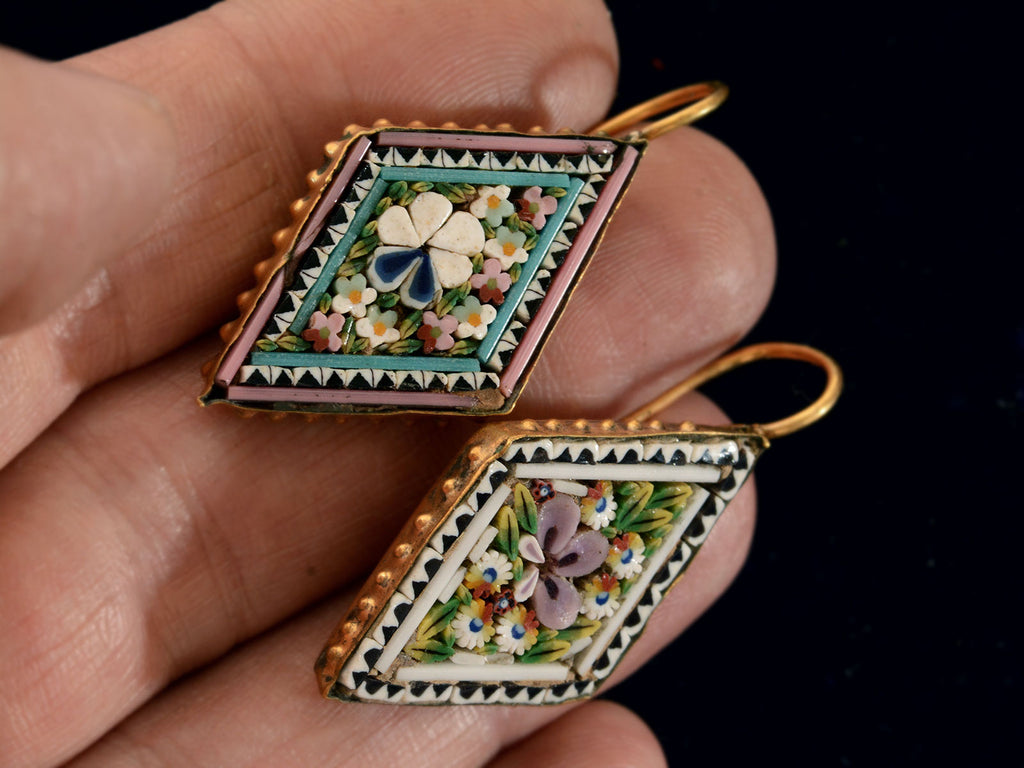 c1950 Diamond Shaped Colorful Mosaic Earrings (shown on hand for scale)