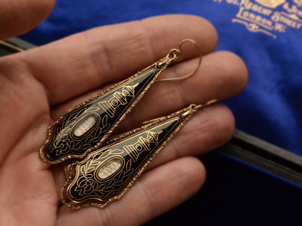 c1820 Georgian Black Enamel Mourning Earrings (shown on hand for scale)