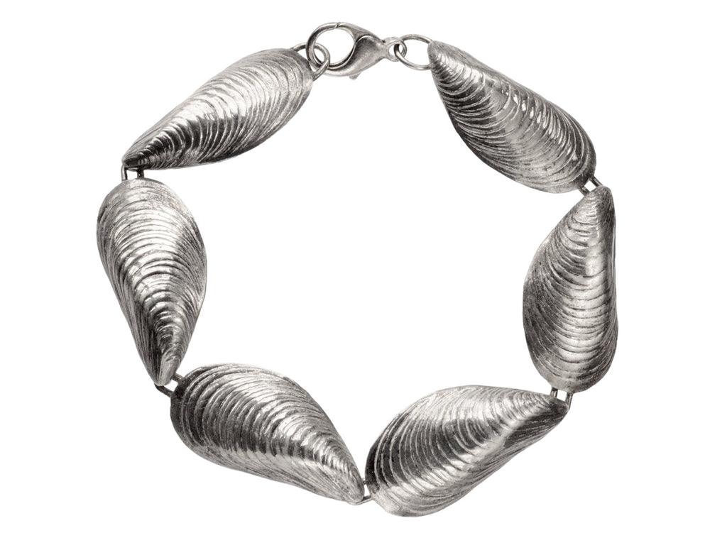 Silver bracelet with mussel shell links, on white background.