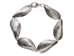 thumbnail of Silver bracelet with mussel shell links, on white background.