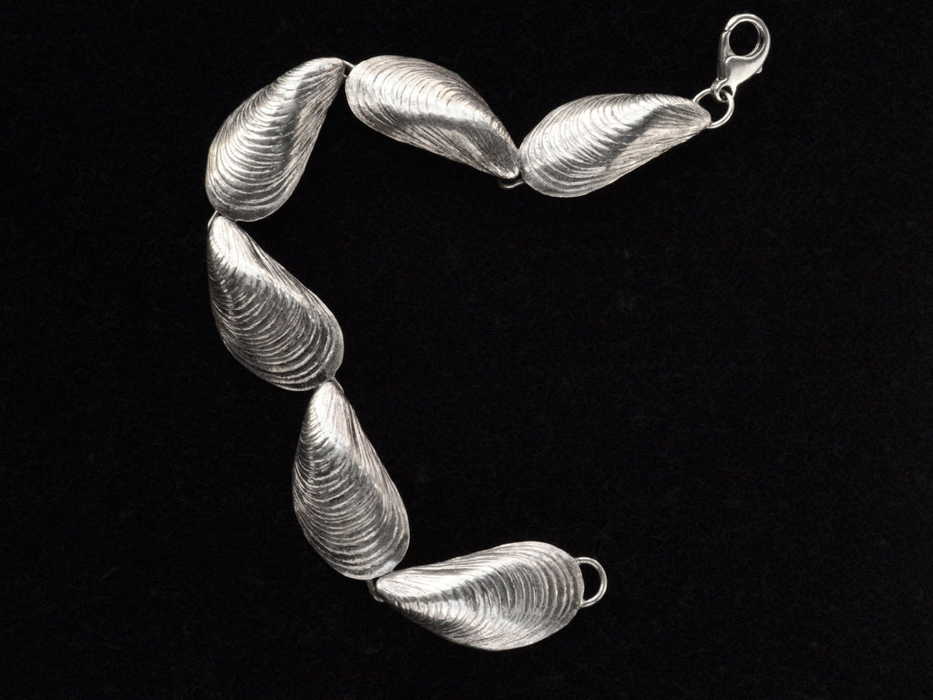 Silver bracelet with mussel shell links, on black background.