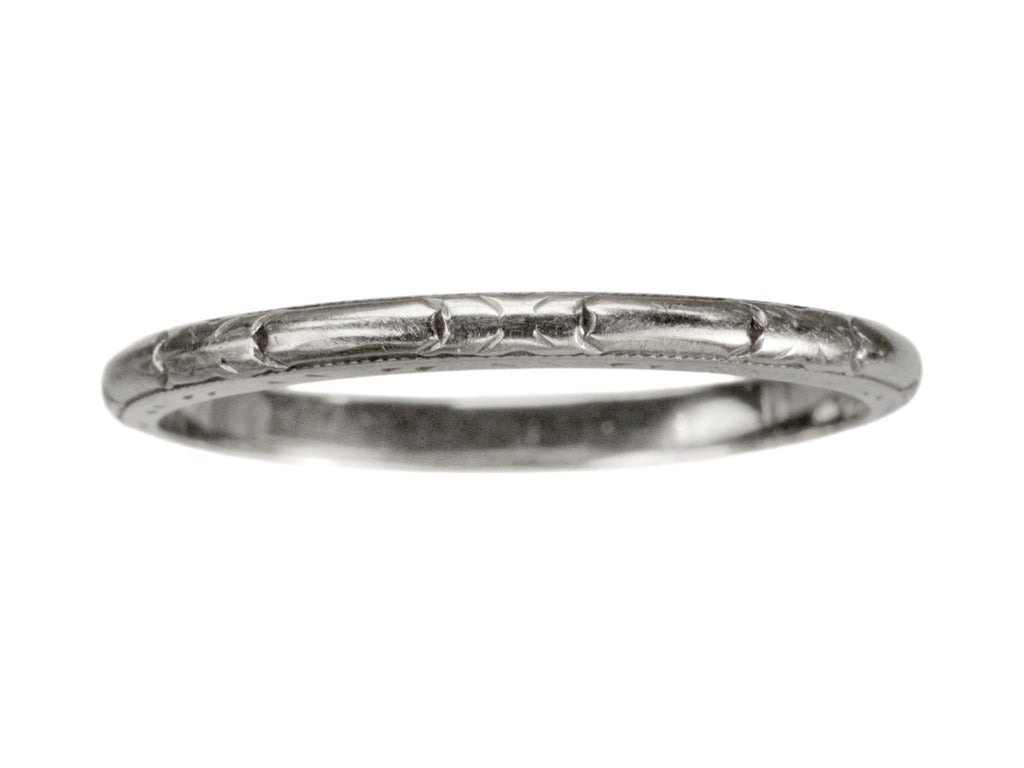 c1930 Patterned Narrow 18K White Gold Wedding Band, on white background