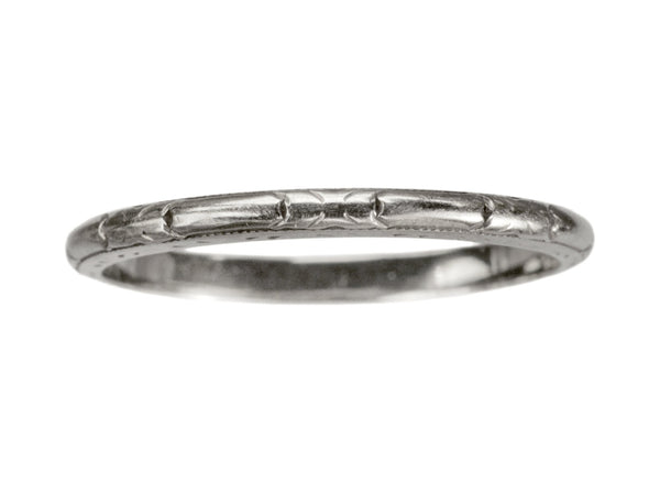 c1930 Patterned Narrow 18K White Gold Wedding Band, on white background