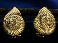 thumbnail of Pair of yellow gold ammonite shaped earrings, shown on dark background.