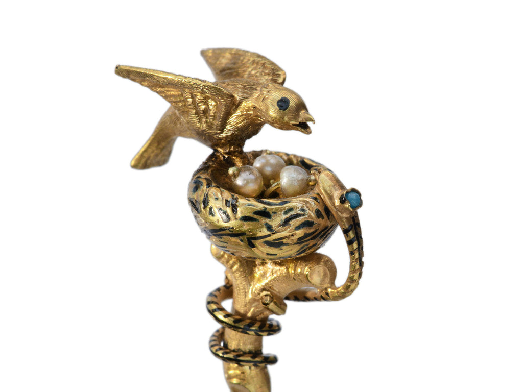 c1890 Yellow Gold Bird's Nest with Snake Stick Pin (on white background)