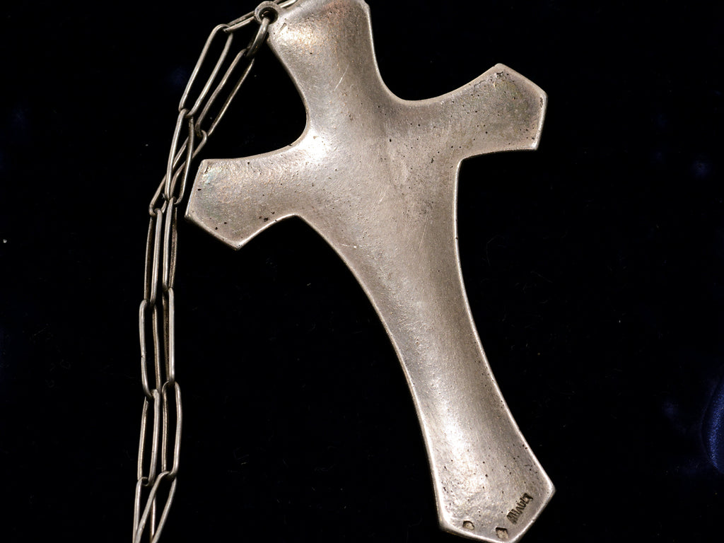 Reverse side of c1900 Art Nouveau Cross with wheat design in silver (shown on black background)