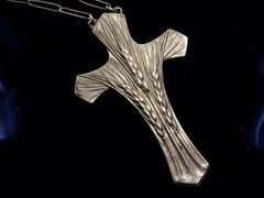 thumbnail of Detail view of c1900 Art Nouveau Cross with wheat design in silver (shown on black background)