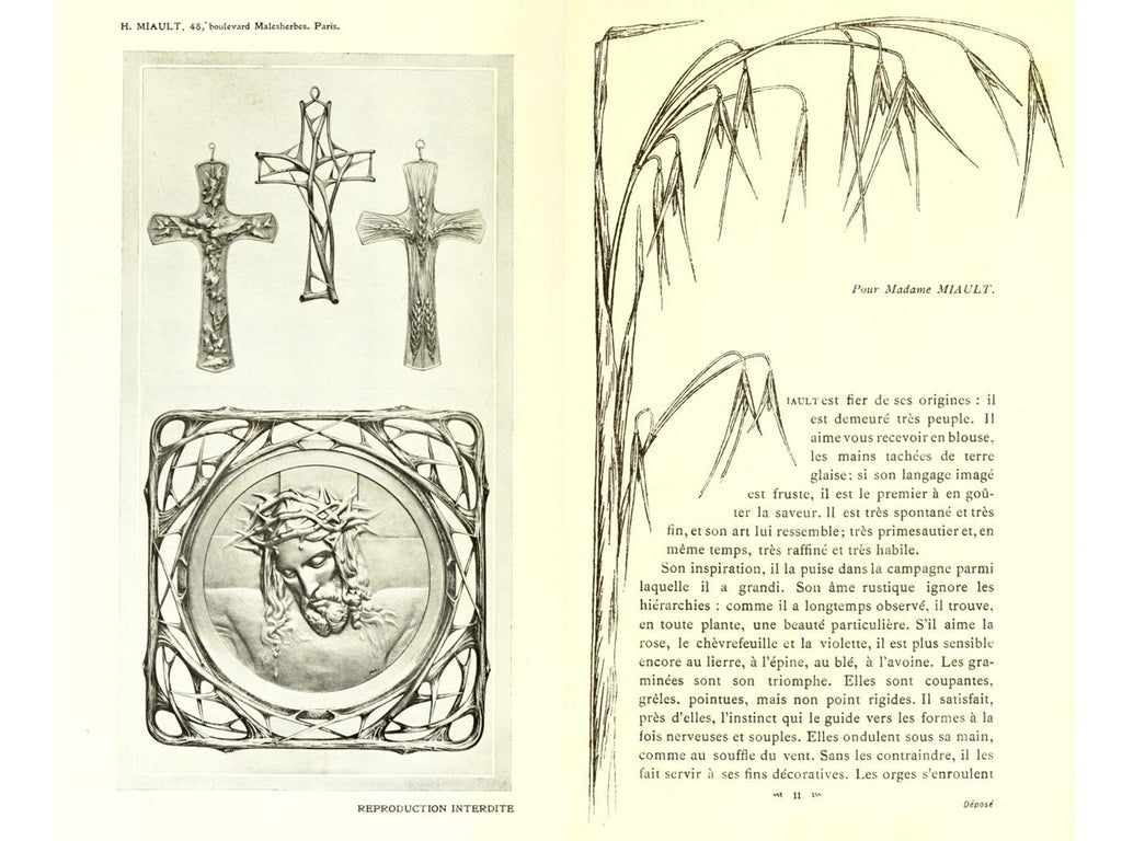 Scan of a 1900 book on Henri Miault with a photograph of the cross shown alongside other crosses Miault design. Text in French.