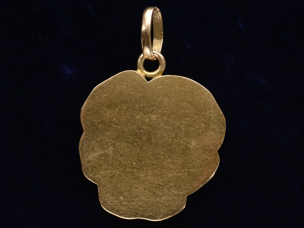 c1910 Art Nouveau yellow gold pansy shaped pendant with the profile of a woman (reverse side)