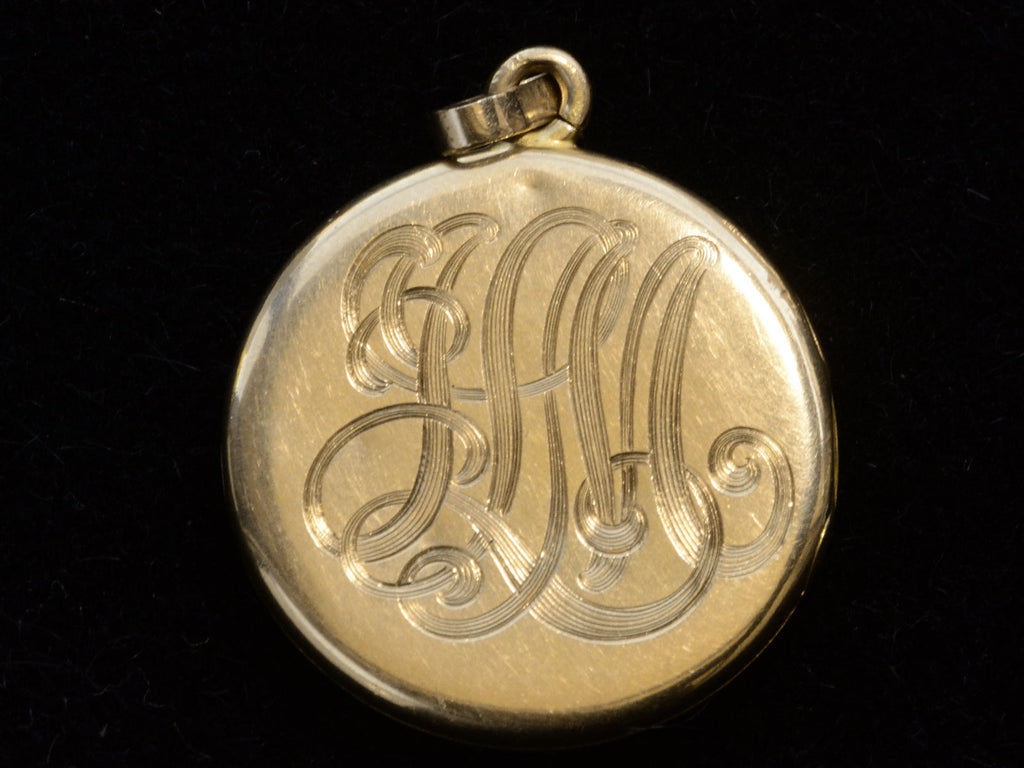 c1910 Art Nouveau Yellow Gold Locket (reverse side showing monogram on black background)