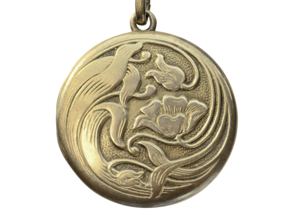 c1920 Gilt Art Nouveau Locket with Image of Flowers and Leaves in Relief (on white background)