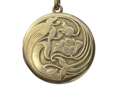 thumbnail of c1920 Gilt Art Nouveau Locket with Image of Flowers and Leaves in Relief (on white background)