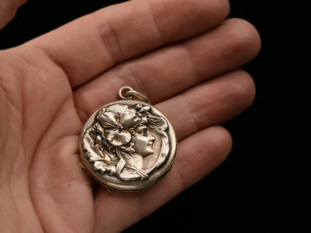 c1900 Art Nouveau Silver Locket (on hand for scale)