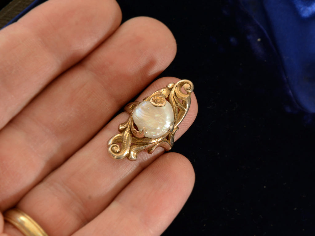 c1890 Nouveau Pearl and Gold Ring (on hand for scale)