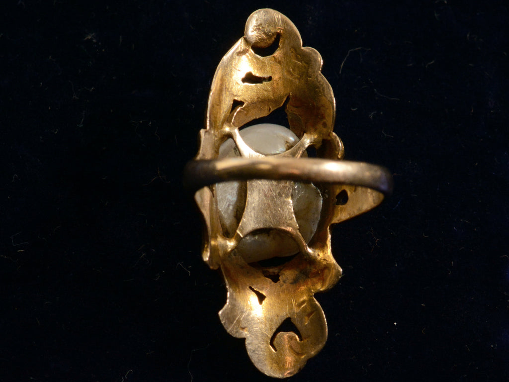 Reverse inside view of c1890 Nouveau Pearl and Gold Ring (on black background)