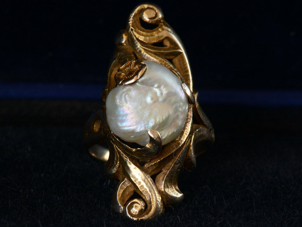 Front view of c1890 Nouveau Pearl and Gold Ring (on black background)