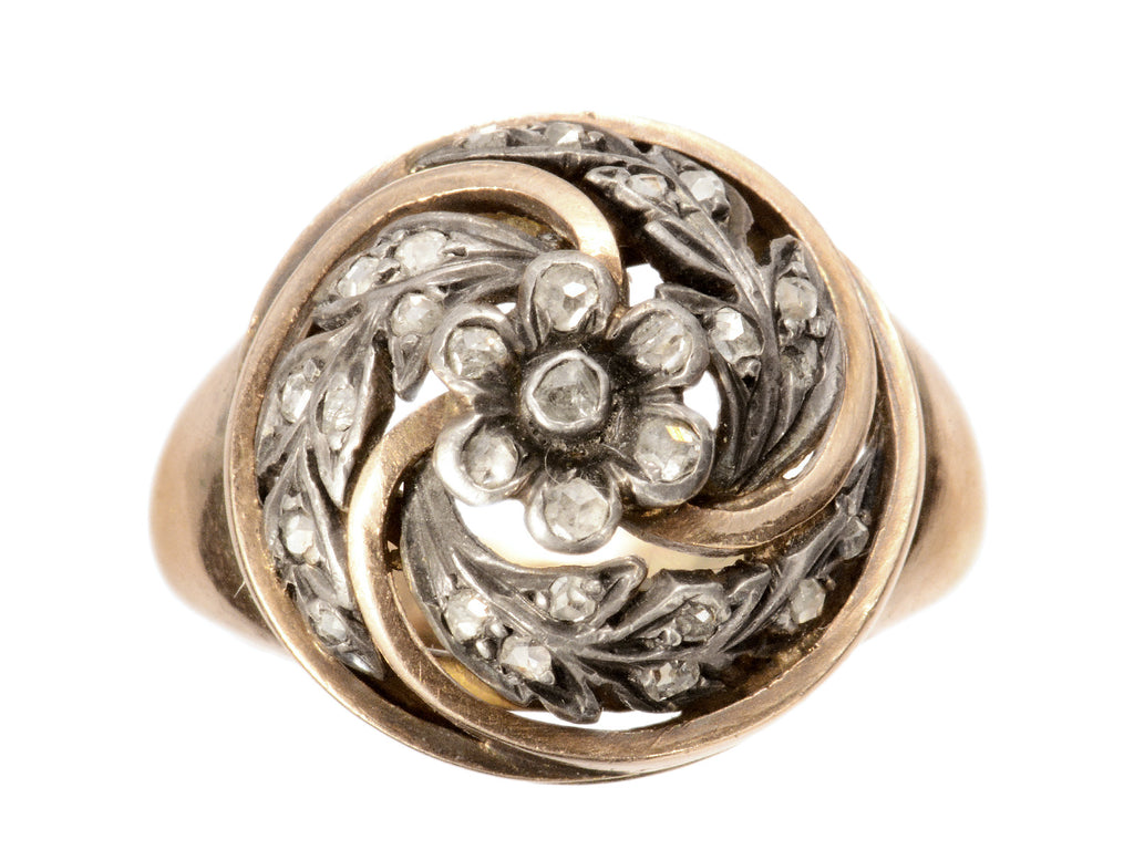 c1890 Art Nouveau Ring with Circular Top of Spiraling Rose Cut Diamond Silver Vines in a Gold Frame (shown on white background)