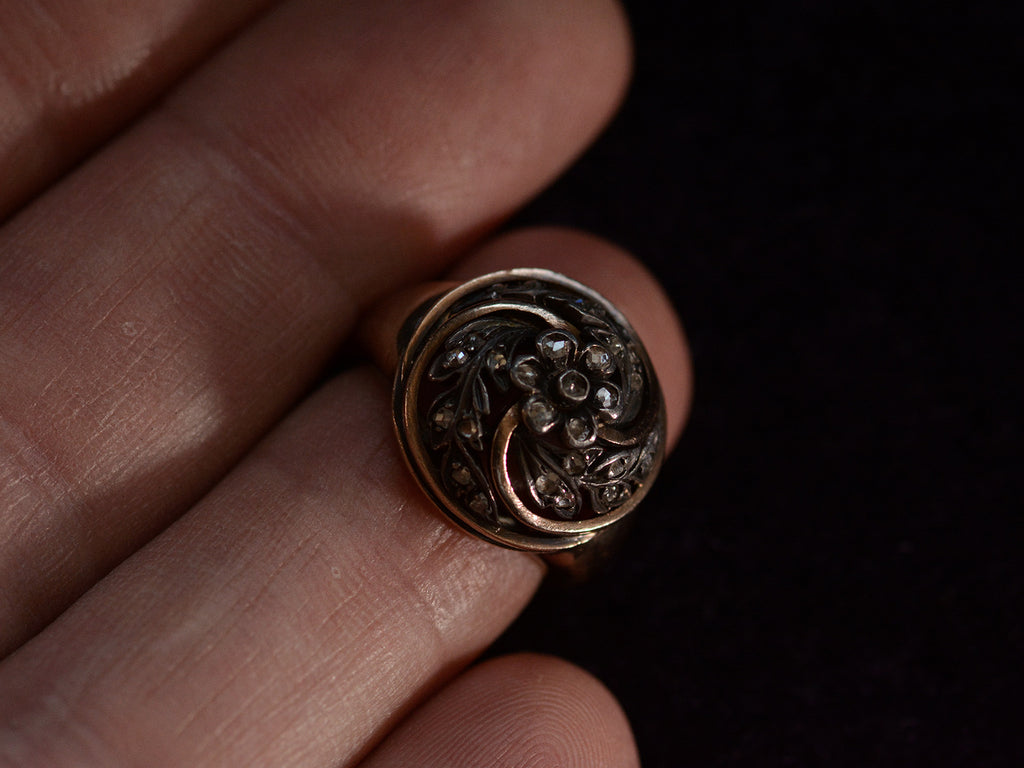 c1890 Art Nouveau Ring with Circular Top of Spiraling Rose Cut Diamond Silver Vines in a Gold Frame (shown worn on finger)