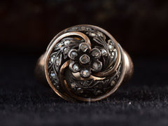 thumbnail of Front view of c1890 Art Nouveau Ring with Circular Top of Spiraling Rose Cut Diamond Silver Vines in a Gold Frame (shown on dark background)