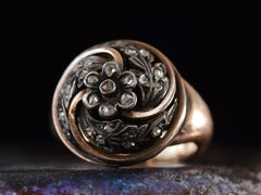 thumbnail of Right angled view of c1890 Art Nouveau Ring with Circular Top of Spiraling Rose Cut Diamond Silver Vines in a Gold Frame (shown on dark background)