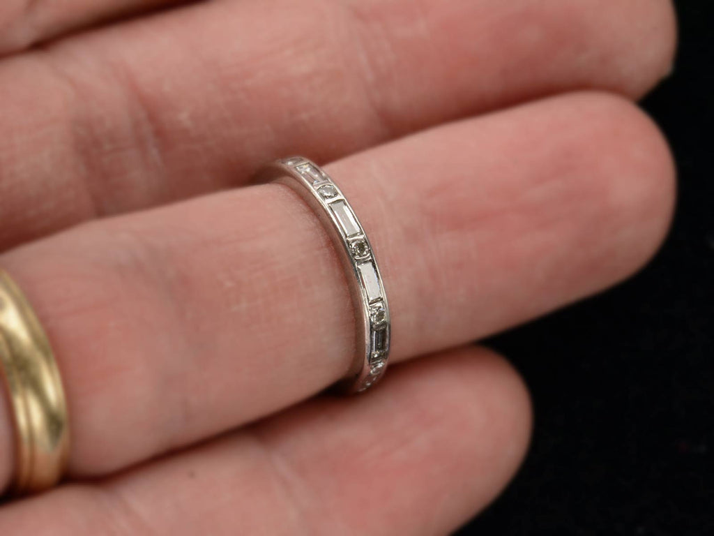 c1950 Oscar Heyman Eternity Band with Baguettes and Round Diamonds in Platinum (shown on finger for scale)