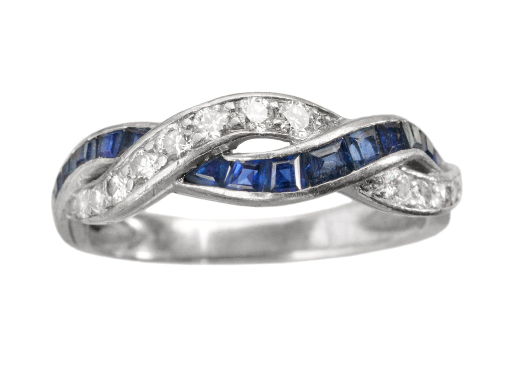 c1950 Sapphire and Diamond Platinum Ribbon Ring (on white background)