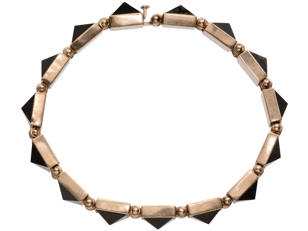 Side profile view of c1890 Pyramidal Onyx and Rose Gold Bracelet