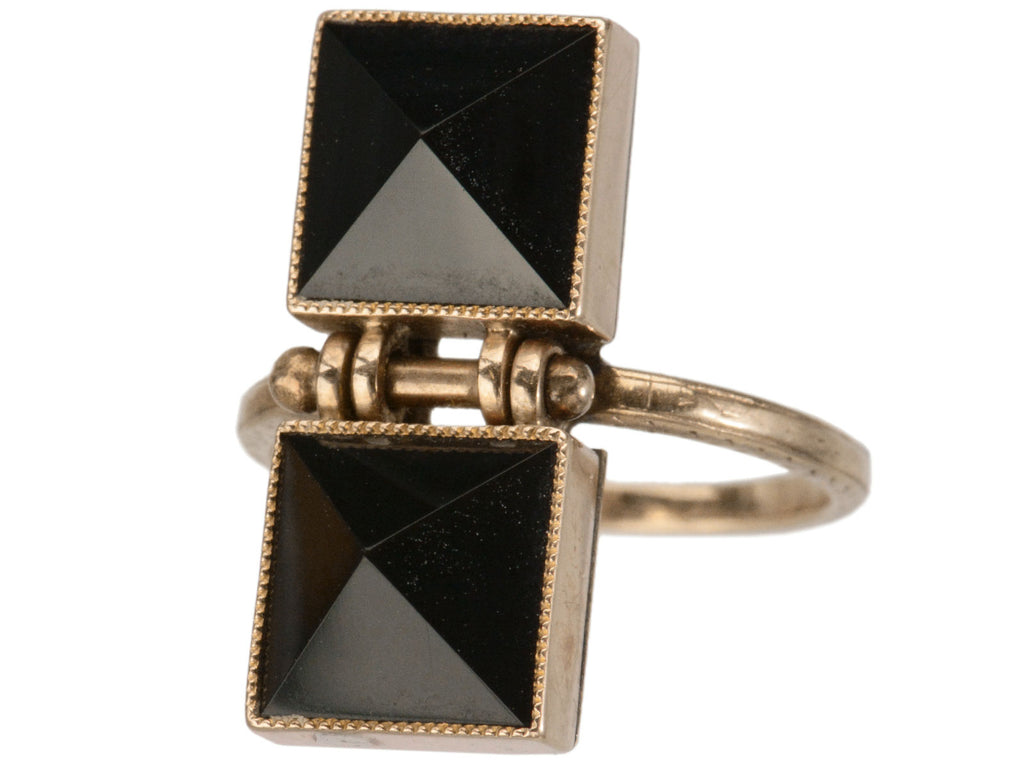 Angled view of c1890 Double Pyramidal Black Onyx Ring in Rose Gold (shown on white background)