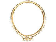 thumbnail of A c1930 Victorian-style 18K rosy-yellow gold collar with a small front bib of opals and diamonds, shown on white background.