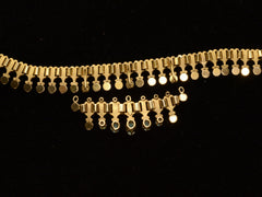 thumbnail of Reverse side detail view of c1930 Victorian-style 18K rosy-yellow gold collar with a small front bib of opals and diamonds, shown on black background. "750" stamp visible