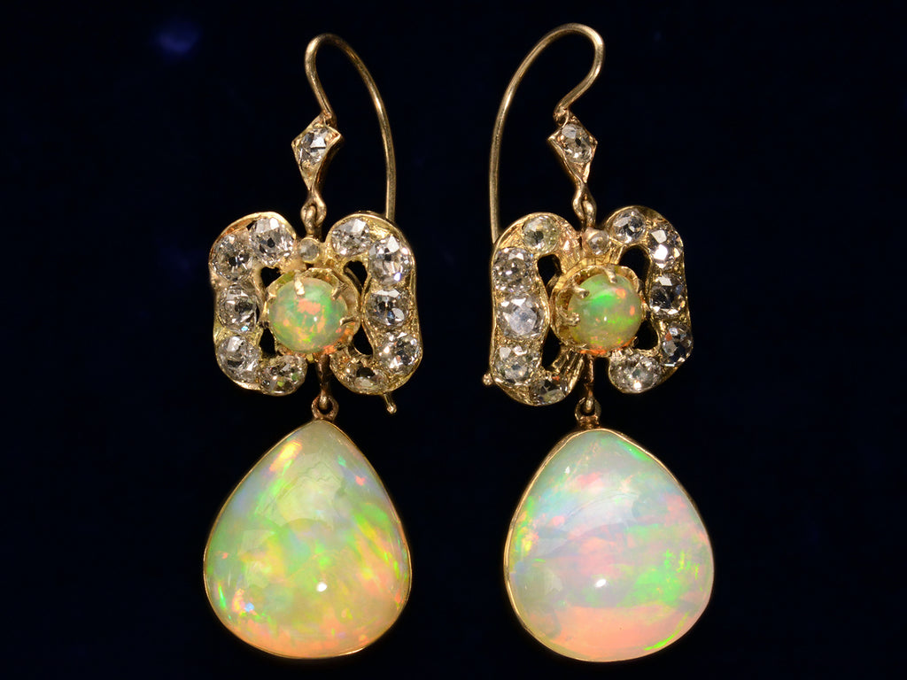 Opal and Diamond Drop Earrings (on black background)