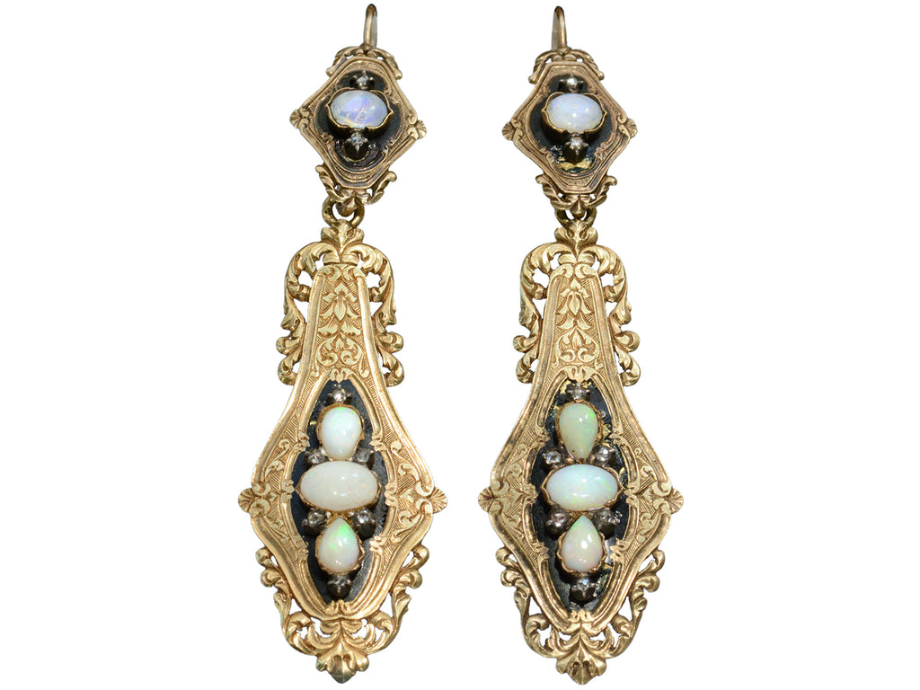 c1860 Opal & Black Enamel Earrings (shown on white background)