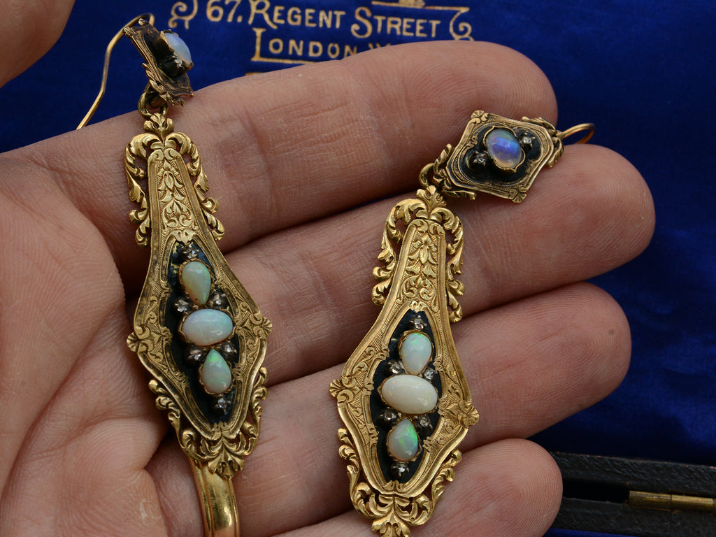 c1860 Opal & Black Enamel Earrings (shown on hand for scale)