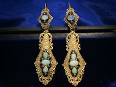 thumbnail of Front view of c1860 Opal & Black Enamel Earrings (shown on dark blue background)