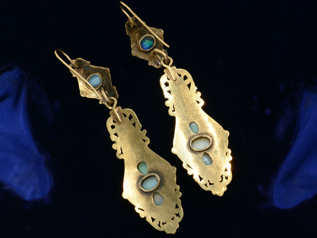 Reverse side of c1860 Opal & Black Enamel Earrings (shown on dark blue background)