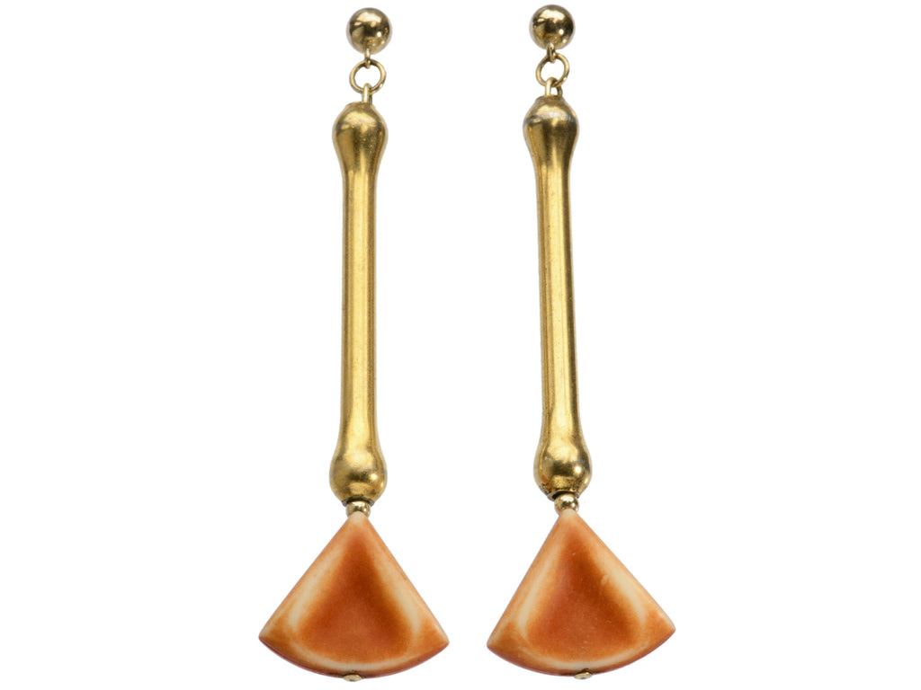 c1930 Deco Drop Earrings in Gilt Metal and Orange Plastic (shown on white background)