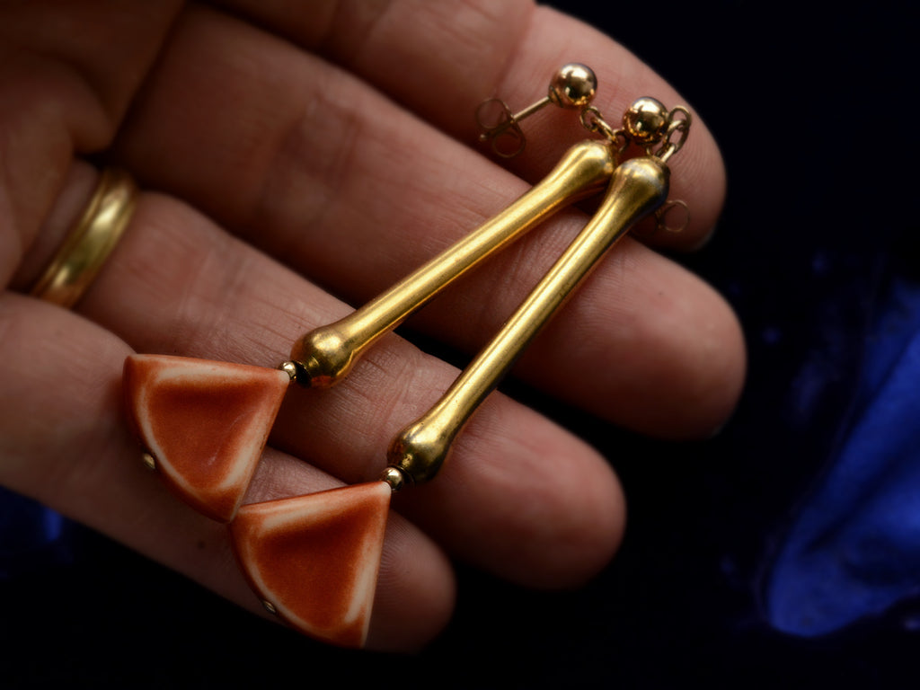 c1930 Deco Drop Earrings in Gilt Metal and Orange Plastic (shown on hand for scale)