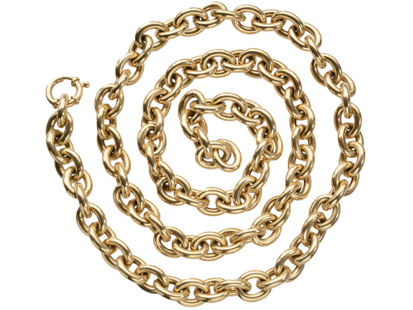 c1960 Yellow Gold Chain Link Necklace (shown spiraled on white background)