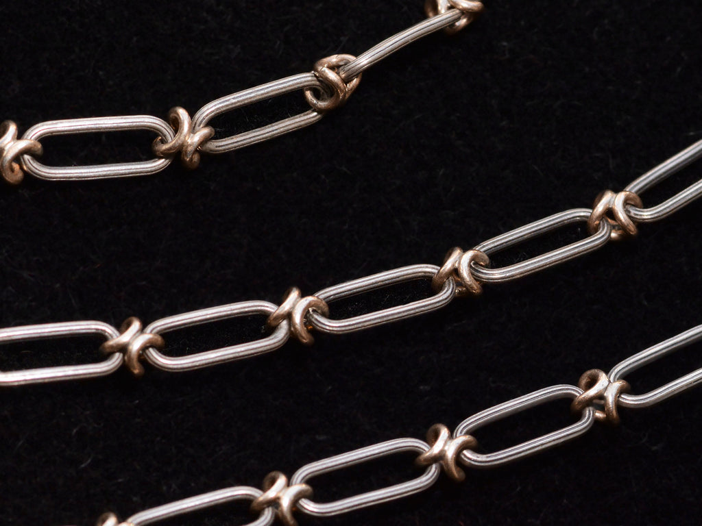 c1900 Long Silver and Gold Filled Chain (detail of links on black background)