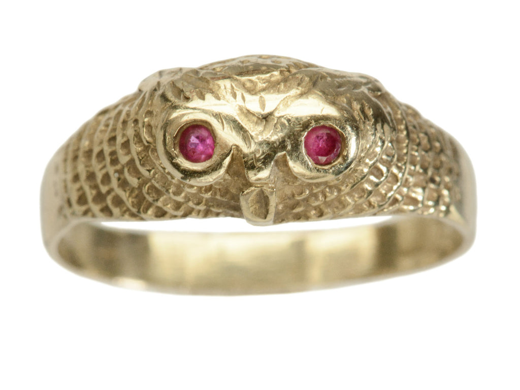 c1970 Gold Owl Ring with Pink Ruby Eyes (shown on white background)