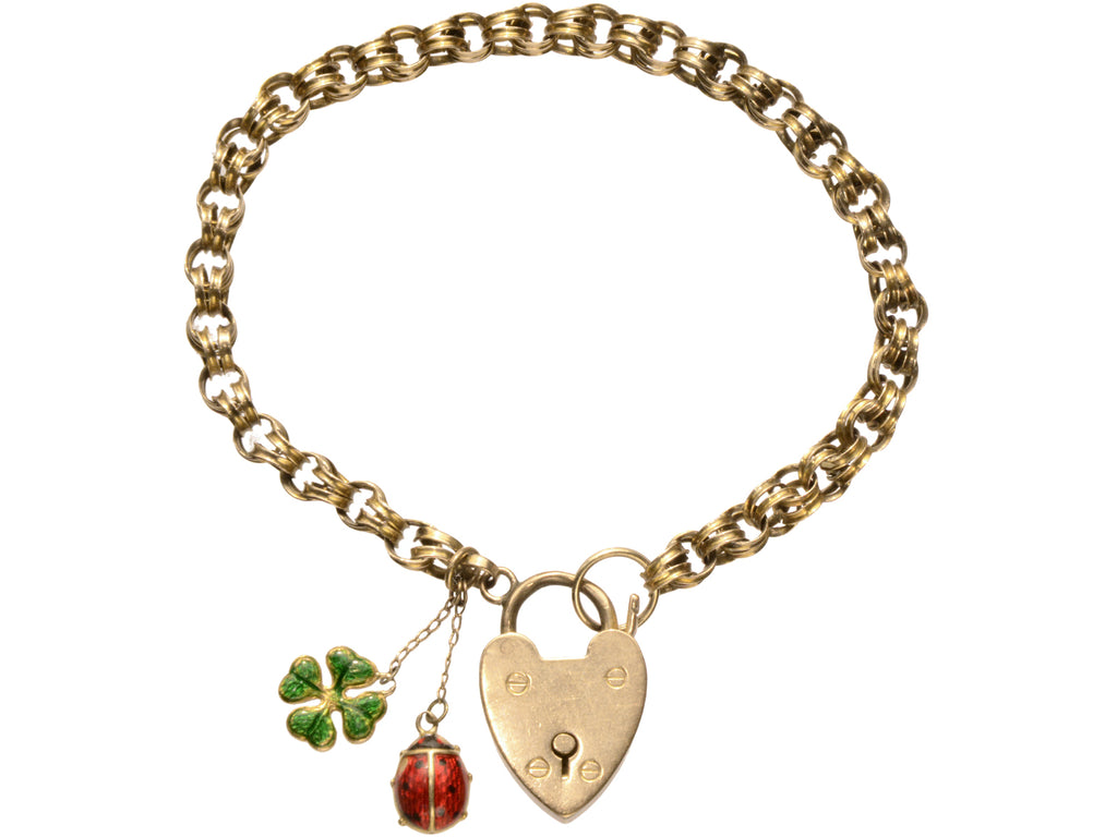 1904 Gold Padlock Bracelet with Ladybug and Clover Charms (shown on white background)