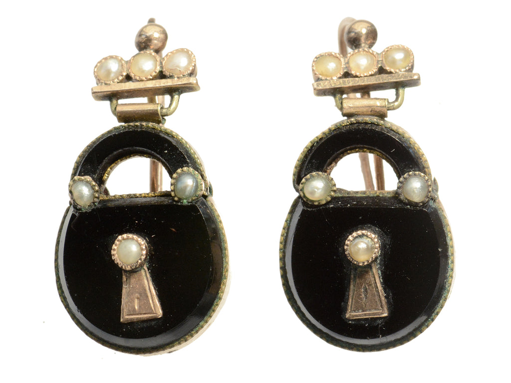 c1880 Black Onyx and Pearl Padlock Earrings , shown on white background