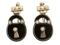 thumbnail of c1880 Black Onyx and Pearl Padlock Earrings , shown on white background